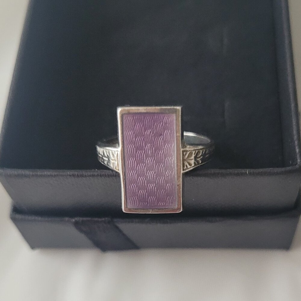 Antique Purple Signet Sterling Silver Ostby Barton Ring Art Deco Era Guilloche - Picture 5 of 14